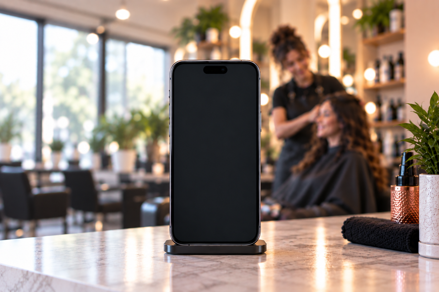 A salon with a phone standing on the counter